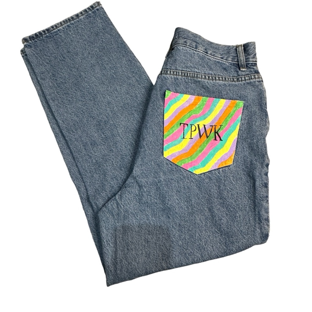 PACSUN‎ High Rise Straight Mom Jeans Custom Painted Art To Wear One Of A Kind